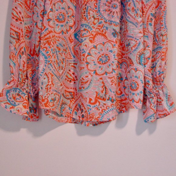 Talbots Floral Boho Peasant Blouse Top Ruffle Off Shoulder Loose Pink Orange XS - Picture 12 of 12
